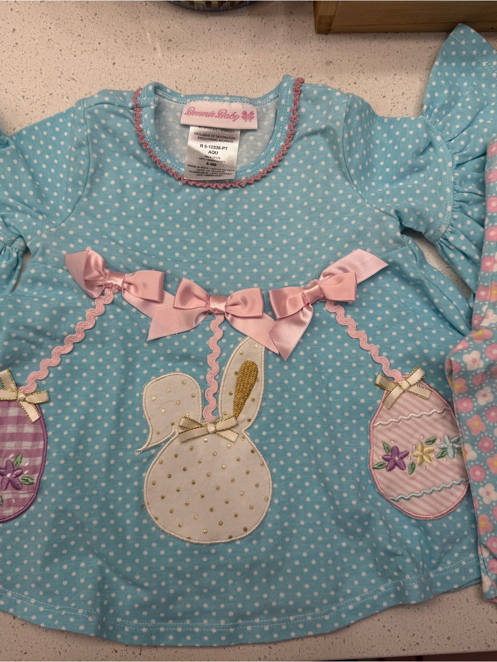 Bonnie Baby Aqua Polka Dot Top with Pink Trim Scallop Neck